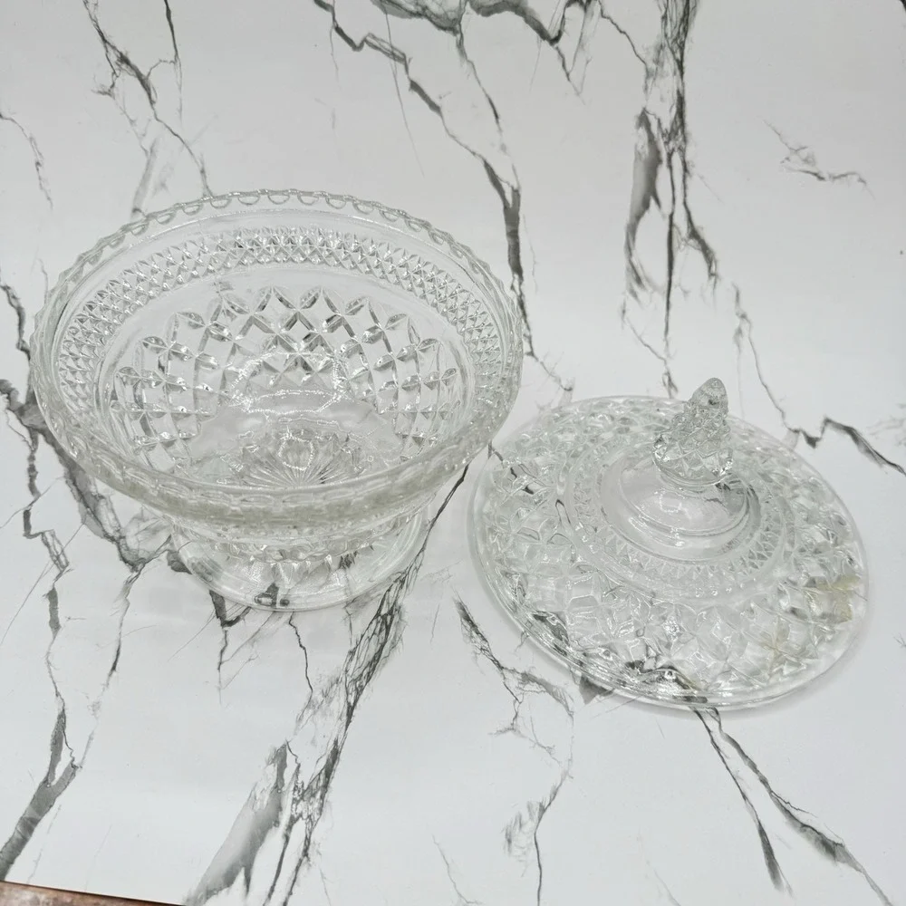 Vtg Anchor Hocking Wexford Clear Glass Pedestal Candy Dish w Lid MCM Grannycore